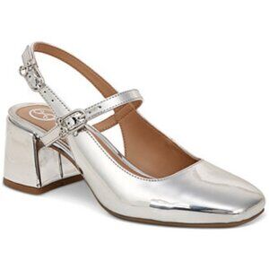 Sam and Libby Grace sling back Mary Jane pumps in silver metallic, block heel 8